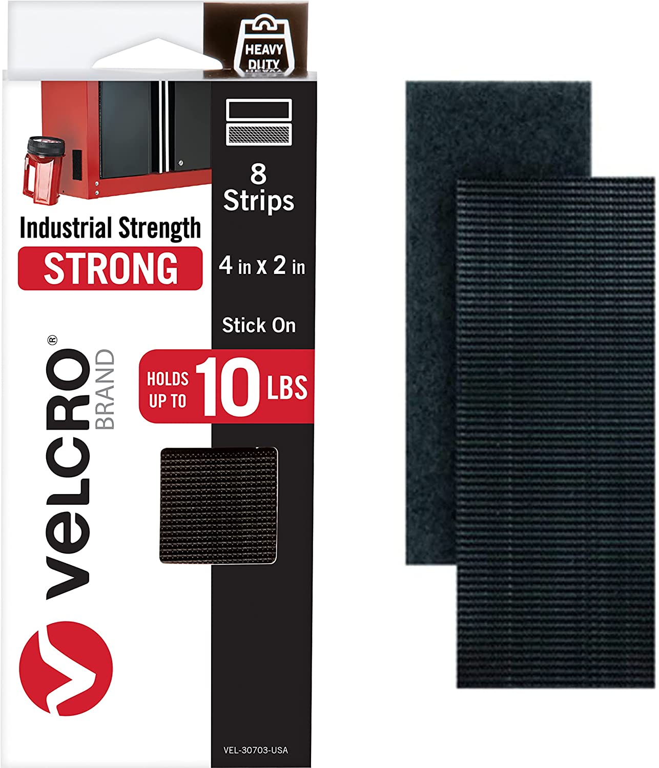 VELCRO Brand Heavy Duty Fasteners , 4x2 Inch Strips with Adhesive 8 Sets ,  Holds 10 lbs , Black Industrial Strength Stick On Tape , Indoor or Outdoor  Use (VEL-30703-USA) Black 4in